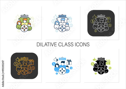 Dilative class icons set. Expanding middle class. Increase employee number. Universal basic income.Collection of icons in linear, filled, color styles.Isolated vector illustrations