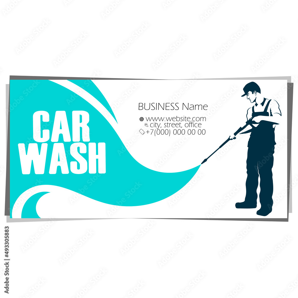 Business card concept for a car wash. Car washer with tool and water