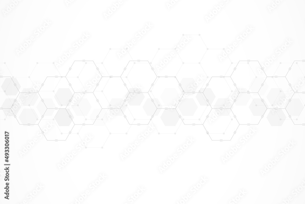 Hexagons pattern on gray background. Genetic research, molecular structure. Chemical engineering. Concept of innovation technology. Used for design healthcare, science and medicine background Hexagons pattern on gray background. Genetic research, molecular structure. Chemical engineering. Concept of innovation technology. Used for design healthcare, science and medicine background