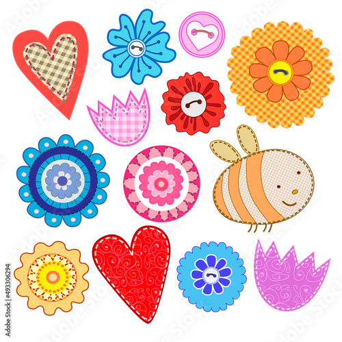 Set of flowers textile stickers. Cottons cute flowers for scrapbooking.