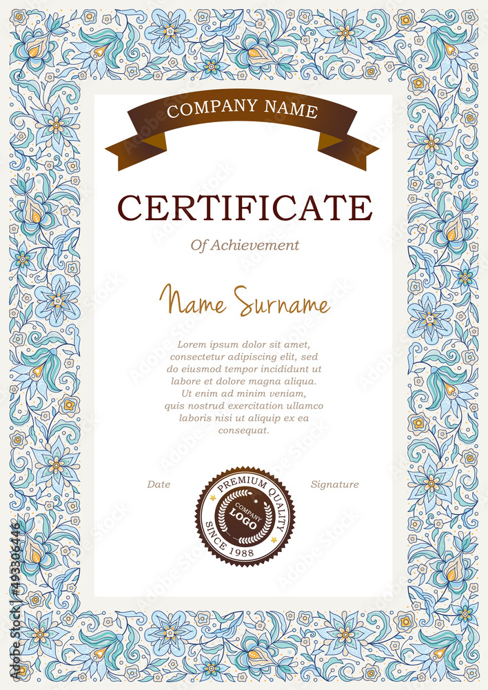 Certificate template with floral tracery.Elegant design element. Ornate blue border with ribbon. Ornamental decor for diploma, award
