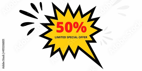 50% off limited special offer. Banner with fifty percent discount on a red square tag
