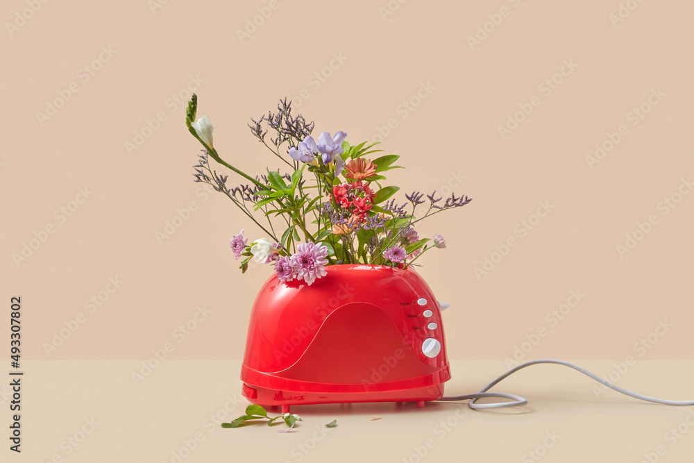 Spring flowers bouquet inside red toaster Spring flowers bouquet inside red toaster