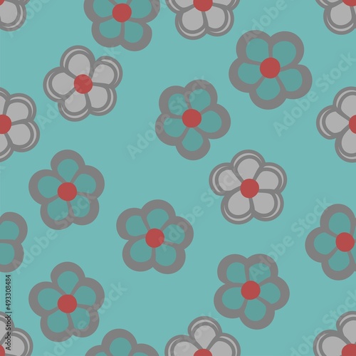 Simple daisies in grey and aqua green with red centers vector repeat pattern