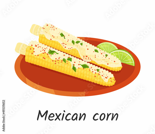 Mexican baked corn traditional food. Corn on the cob in sauce on plate. Vector illustration Isolated on white background. 