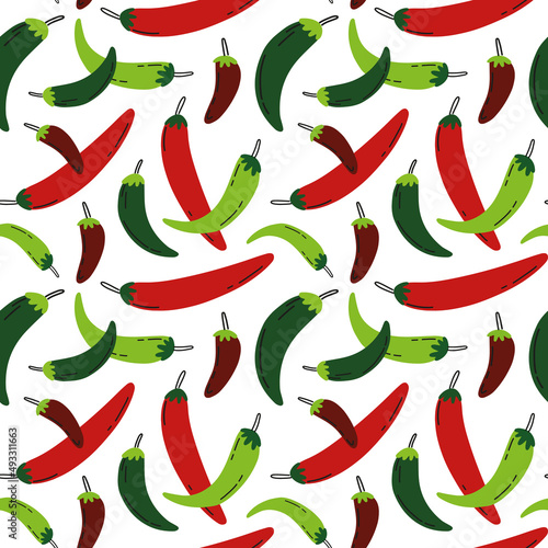 Colorful chili and jalapeno seamless pattern. Pepper mix background. Mexican spicy illustration in cartoon style.