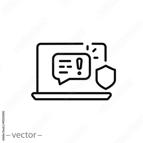 threat detection response icon, cyber security, attack caution cloud,  thin line symbol on white background - editable stroke vector illustration