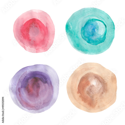 Set of watercolor circles. Watercolor drops. Pink,purple,green,beige watercolor hand painted circles isolated on white. Illustration for decoration.
