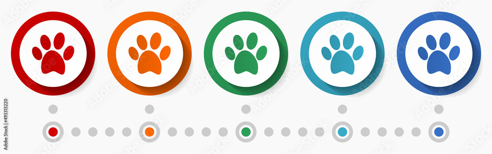 Animal, dog print concept vector icon set, flat design colorful buttons, infographic template in 5 color options