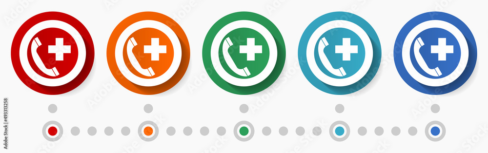 Fototapeta premium Emergency call, hospital phone concept vector icon set, flat design colorful buttons, infographic template in 5 color options