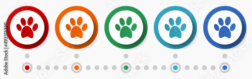 Animal, dog print concept vector icon set, flat design colorful buttons, infographic template in 5 color options