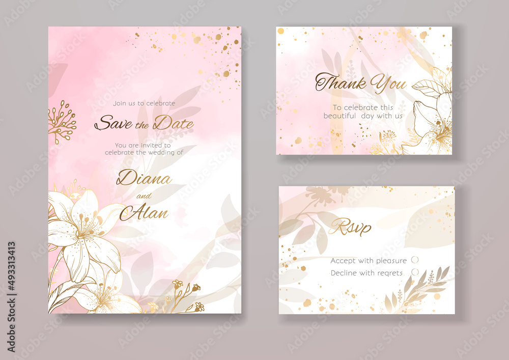 Wedding floral invitation in watercolor and pastel. Lily and splashes, stains. Save the date, thanks. RSVP card design. Golden tender pink flowers. Vector art template set