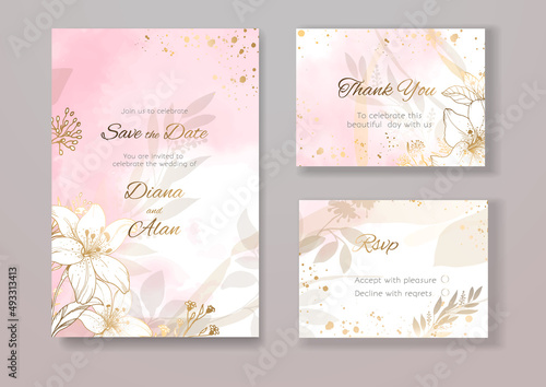 Wedding floral invitation in watercolor and pastel. Lily and splashes, stains. Save the date, thanks. RSVP card design. Golden tender pink flowers. Vector art template set