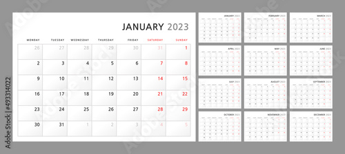 Wall quarterly calendar template for 2023 in a classic minimalist style. Week starts on Monday. Set of 12 months. Corporate Planner Template. A4 format horizontal