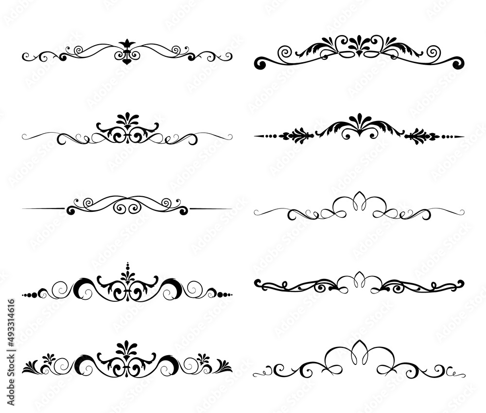 Calligraphy ornament line. Calligraphic text divider, border, separator decor design. Antique vintage victorian elegant decoration element. Filigree frame ornament line. Hand drawn vector illustration