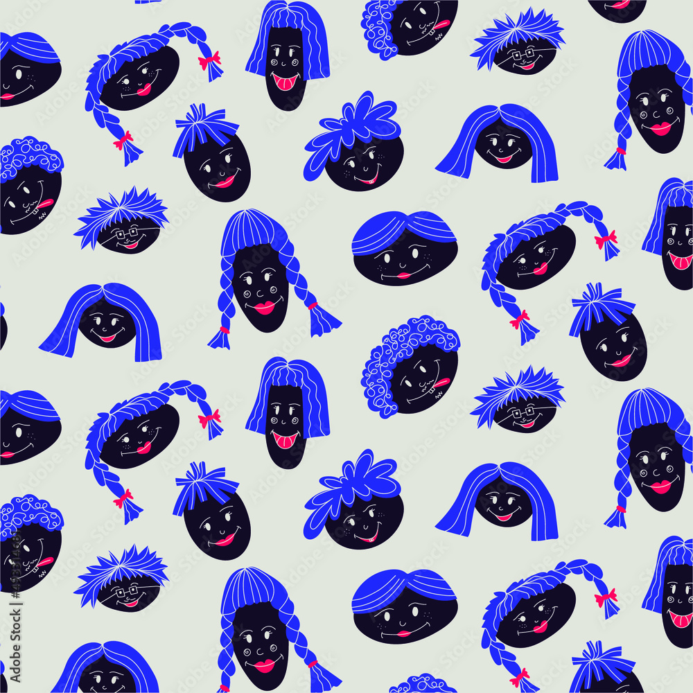 Bright face pattern. Portraits of people in cartoon style. Texture in