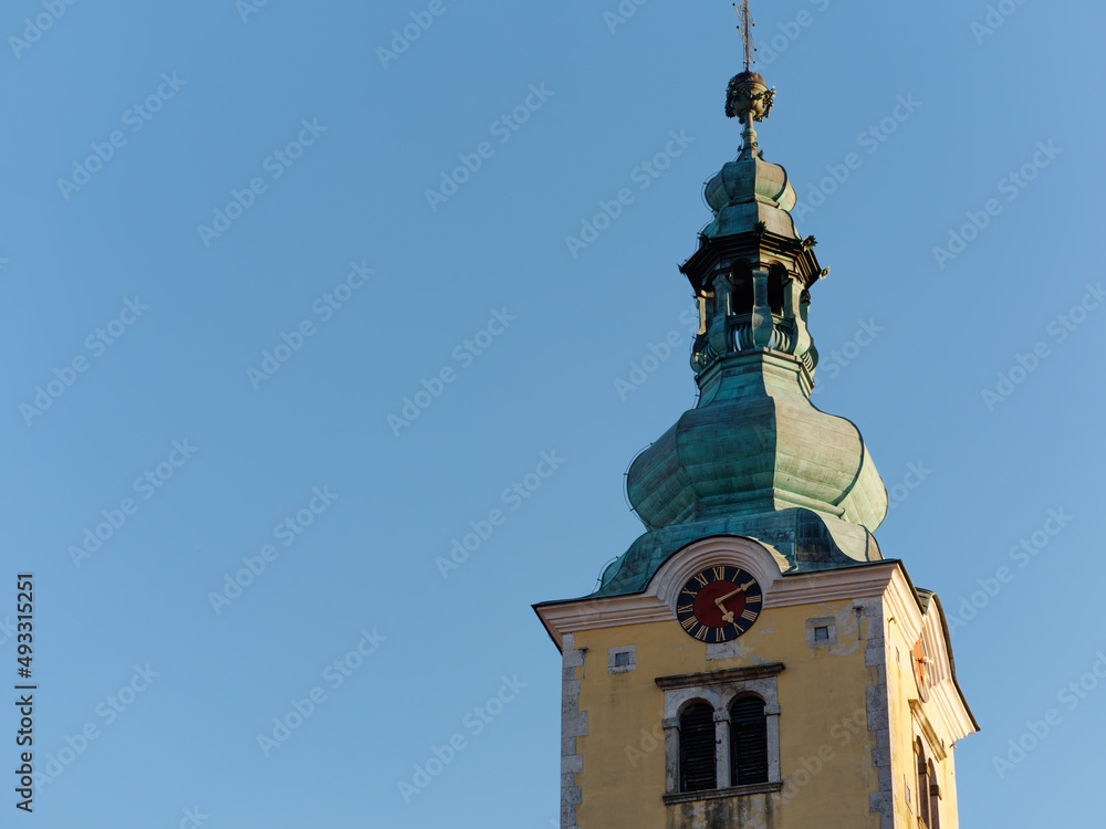 Close-up picture a Church steeple a beautiful Parish Church of Saint Anastasia in the town of Samobor, Croatia 