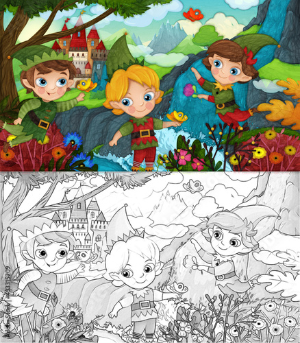 Fototapeta Naklejka Na Ścianę i Meble -  cartoon scene with forest elf and castle illustration