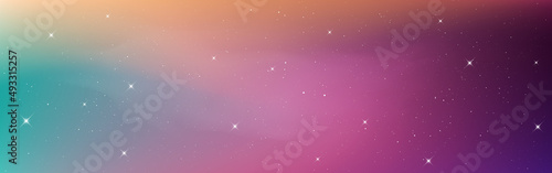 Space wide background. Colorful starry wallpaper with shining stars. Abstract cosmic texture with milky way. Purple galaxy poster. Color nebula with stardust. Vector illustration