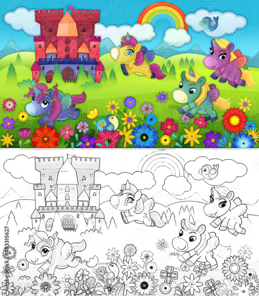 Fototapeta premium cartoon scene forest pony horses castle illustration