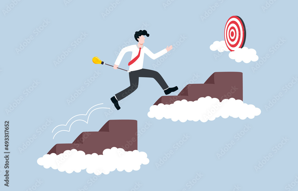 Skipping step success in career or speedy reaching goal, fast growth mindset of life or organization concept. Businessman jump over step for bringing shiny lightbulb at target. Skipping step success in career or speedy reaching goal, fast growth mindset of life or organization concept. Businessman jump over step for bringing shiny lightbulb at target.