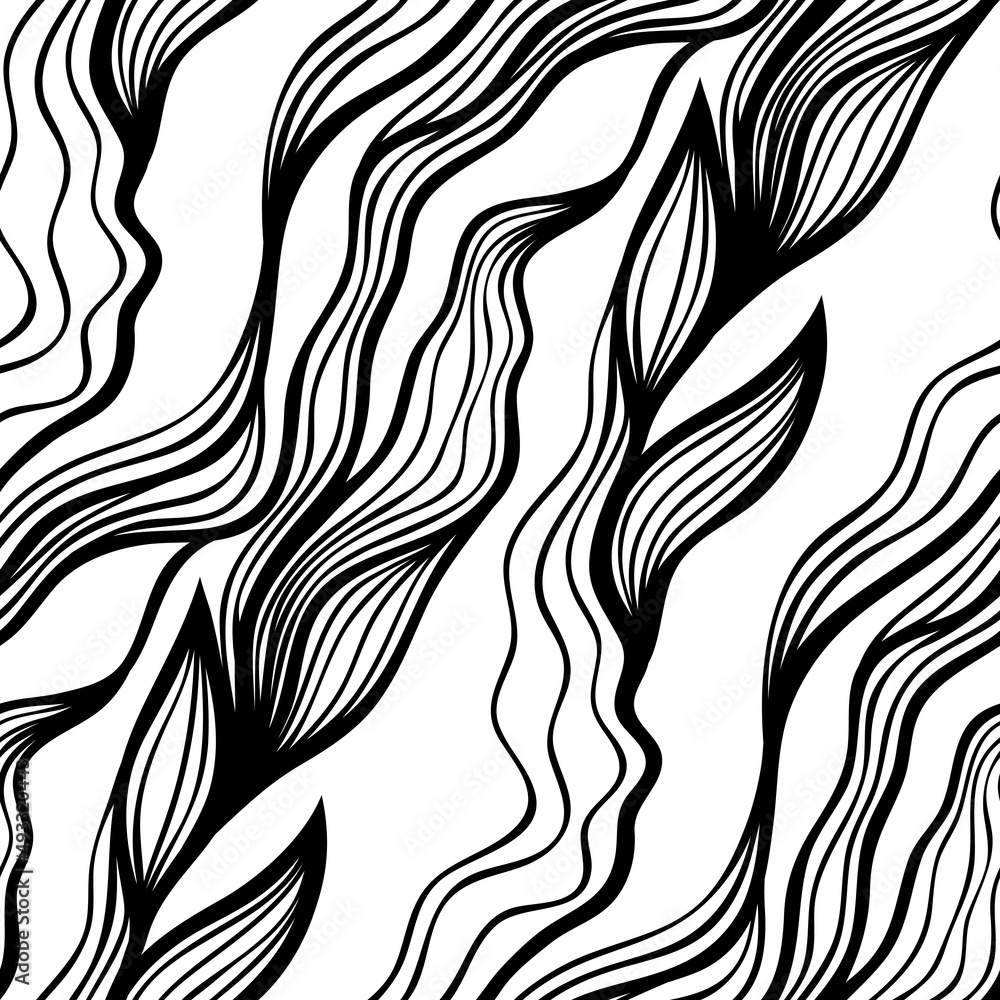 Abstract black and white floral seamless pattern with wavy lines
