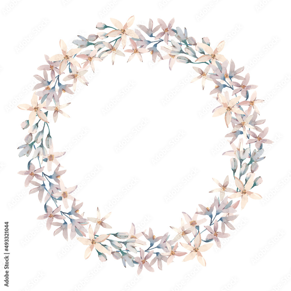 Delicate elegant round wreath of white flowers with pink hues. Watercolor illustration isolated on white background. For wedding invitations, cards, scrapbooking, notebooks, covers and other design.