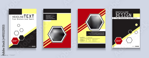 Brochure, cover design, headers. Abstract composition, hexagons, flyer font. Modern vector of the first page of art. Cover, sheet, layout, announcement. Red, black and yellow design. Advertising, a4