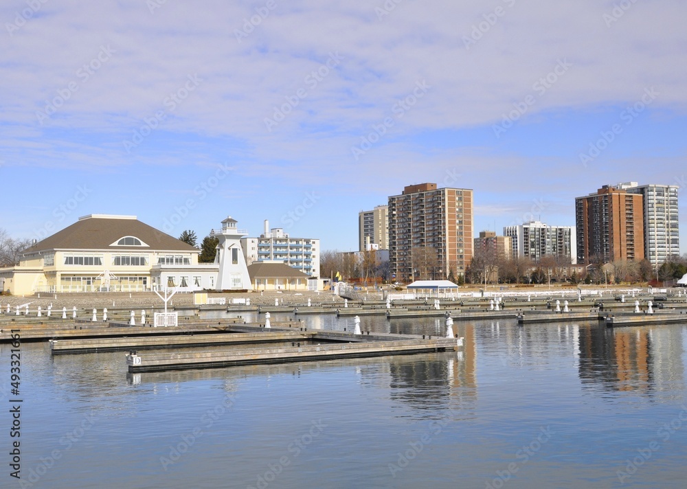 Bronte Harbour Park and Oakville town skyline seen from  lake  Ontario
