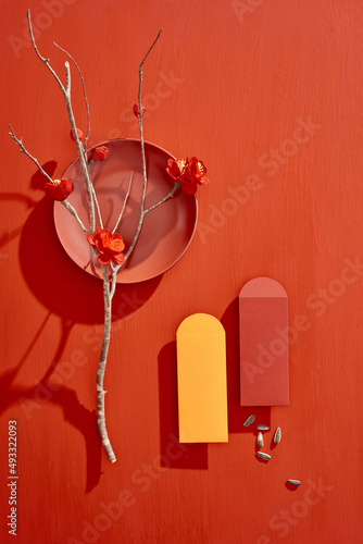 Red envelope packets or ang bao with sunflower seed and red blossom flowers for Lunar new year on red background photo