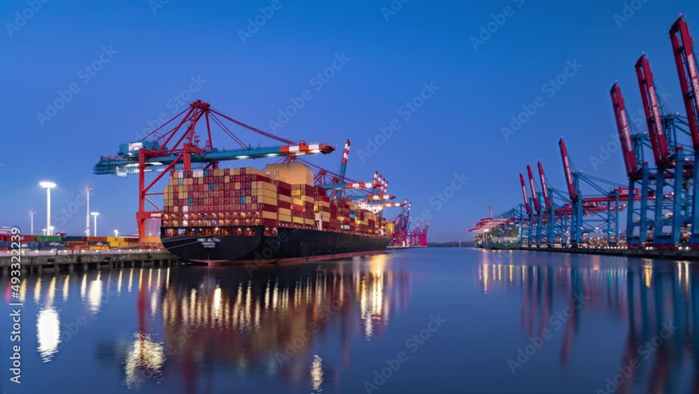 Time Lapse of Container ship loading and unloading in deep sea port, Low angle View of business logistic import and export freight transportation by container ship