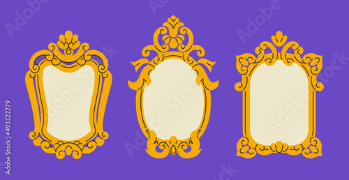 Baroque royal frames vector collection. Cartoon flat style picture or mirror golden frames. 