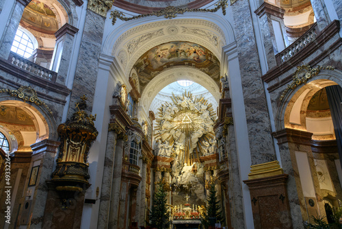 Interior of famous baroque St. Charles Church or Karlskirche in Vienna  Austria. January 2022