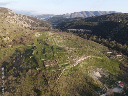 aerial view ancient city ruins of gitani near igoumenitsa and kalamas river in epirus, greece photo