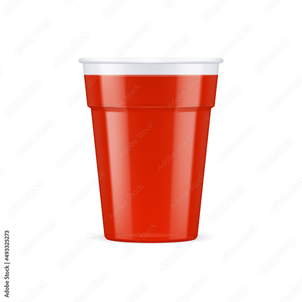 Red Plastic Cup For Single Use. Disposable Container Mockup for Drinks Isolated on White Background Red Plastic Cup For Single Use. Disposable Container Mockup for Drinks Isolated on White Background