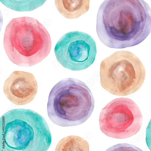 Seamless watercolor pattern of hand-drawn colorful circles on a white background.
Pink, purple, green, beige colors.
Abstract pattern for printing on textiles, paper and accessories.