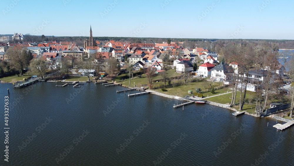 aerial panorama shot of the small town  fürstenberg on  havel river in Brandenburg