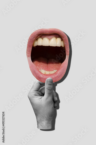 Collage with hand holding open mouth