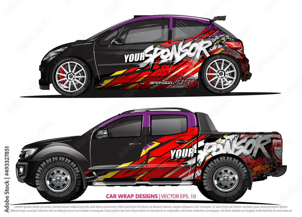 Race car wrap design vector for vehicle vinyl sticker and automotive decal livery
Race car wrap design vector for vehicle vinyl sticker and automotive decal livery