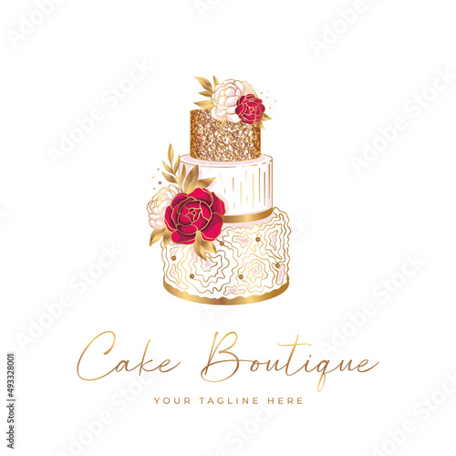 Cake logo design, bakery logo, wedding cake with golden sequins and red flowers