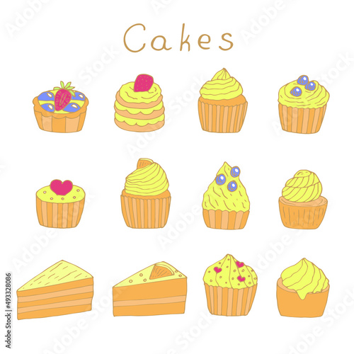 Cupcakes and cakes set vector illustration, colored hand drawing doodles