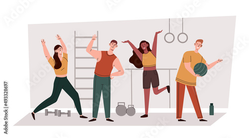 Fitness dance class concept. Young men and women play sports, exercise and lead active lifestyle. Group of people in gym training. Aerobics for strong characters. Cartoon flat vector illustration