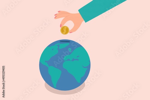 Person saving money in earth globe Piggy bank 