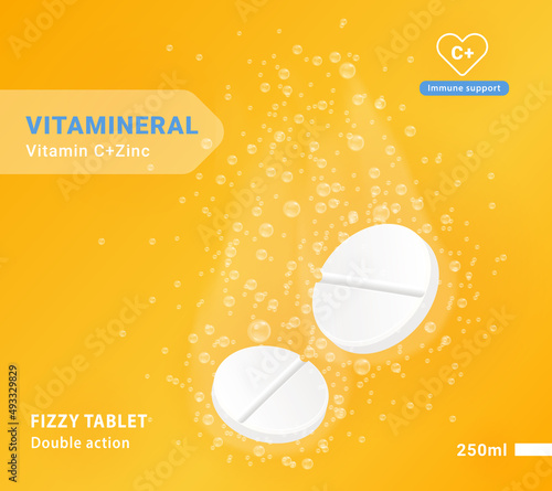Vitamin C plus Zinc soluble pills concept. Colorful orange poster with effervescent pills in fizzy water with bubbles. Packaging for vitamin and mineral complex. Cartoon realistic vector illustration
