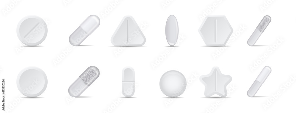 Set of white medical pills or tablets. Bundle of 3D pharmaceuticals or medicines of various shapes. Analgesic or anti inflammatory. Cartoon realistic vector collection isolated on white background Set of white medical pills or tablets. Bundle of 3D pharmaceuticals or medicines of various shapes. Analgesic or anti inflammatory. Cartoon realistic vector collection isolated on white background