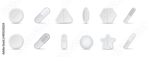 Set of white medical pills or tablets. Bundle of 3D pharmaceuticals or medicines of various shapes. Analgesic or anti inflammatory. Cartoon realistic vector collection isolated on white background