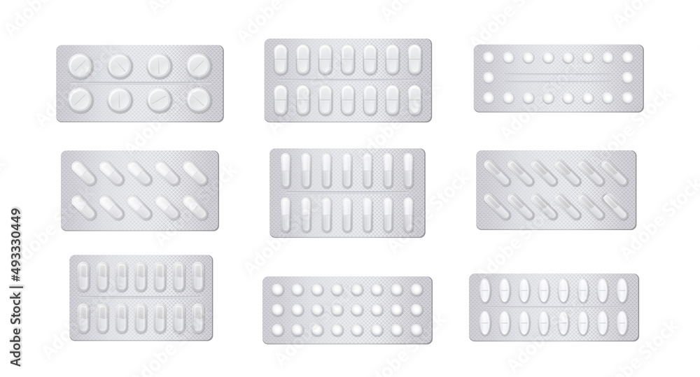 Set of Medical blister pack for different shape medicament. Metal protective packaging for tablets, capsules and other pharmaceuticals. Cartoon realistic vector collection isolated on white background - obrazy, fototapety, plakaty 