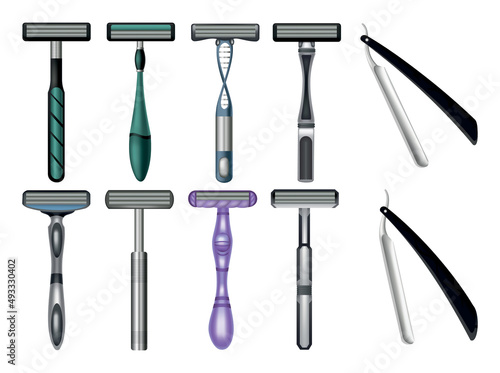 Razors. Set of beard haircut accessories. Sharp shave equipment for hygiene or hairstyle isolated on white. Bundle of shaving mock up icons