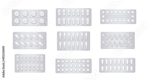 Set of Medical blister pack for different shape medicament. Metal protective packaging for tablets, capsules and other pharmaceuticals. Cartoon realistic vector collection isolated on white background photo
