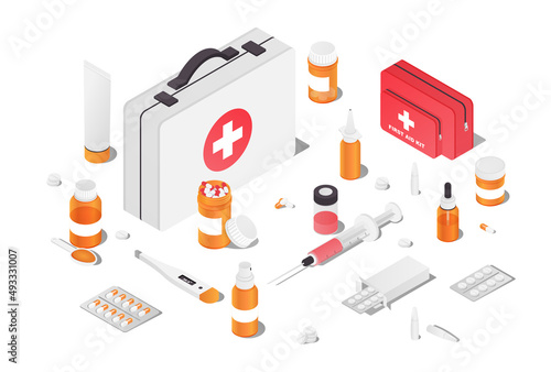 Set of tools for first aid. Stickers with case with red cross, tablets, syringe and injection solution, thermometer and ointment. Cartoon isometric vector collection isolated on white background